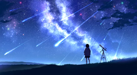 An anime-style 8K Ultra HD desktop wallpaper depicting a night scene with a silhouetted figure and telescope under a vivid starry sky and shooting stars.
