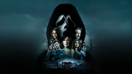 4K Ultra HD PC wallpaper featuring the masked Ghostface and main characters from the movie Scream (2022) against a dark, eerie background.