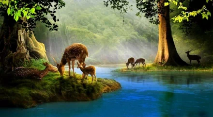 A serene HD wallpaper featuring a mother deer and her fawn by a tranquil blue river, surrounded by lush greenery and other deer in the background.