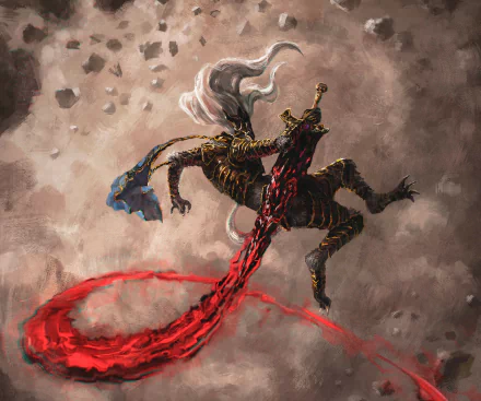 Maliketh the Black Blade (Elden Ring) lunges through a storm, wielding a blood-red flowing blade — HD PC desktop wallpaper.