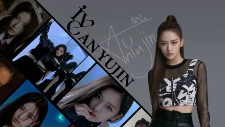 4K Ultra HD desktop wallpaper featuring Korean singer Yujin from K-pop group IVE, showcasing a stylish collage with her signature and dynamic poses.