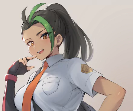HD PC desktop wallpaper of Nemona, a video game character from Pokémon: Scarlet and Violet — smiling trainer with green-streaked hair, white shirt and orange tie on a neutral background.