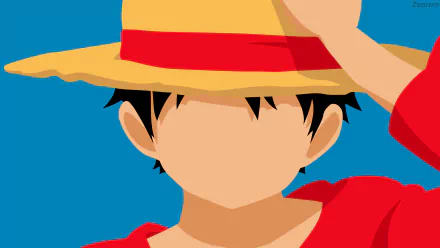 Minimalist 4K Ultra HD PC desktop wallpaper of Monkey D. Luffy from One Piece anime — faceless portrait with straw hat and red shirt against a blue sky.