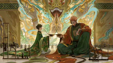 HD anime desktop wallpaper featuring Megumi Fushiguro and Sukuna from Jujutsu Kaisen, set against a mystical, ornate background with vibrant colors.