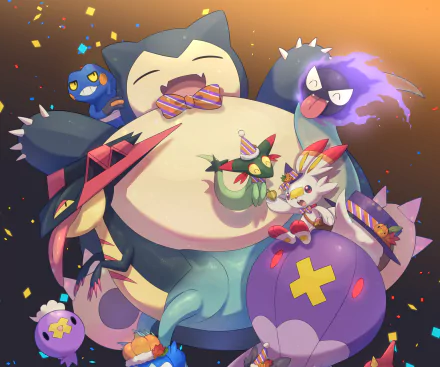 4K Ultra HD PC wallpaper featuring a group of festive Pokémon characters from the video game series enjoying a cheerful celebration together.