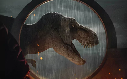 HD desktop wallpaper from Jurassic World: Dominion showing a T. rex roaring through a rain-splattered circular viewport, fiery embers and a shadowed figure at the edge.