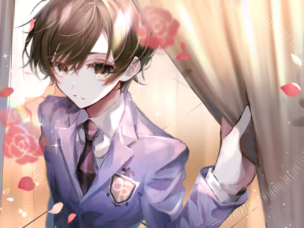 Haruhi Fujioka (Ouran High School Host Club) in host uniform, drawing back a curtain as rose petals fall — 4K Ultra HD PC desktop wallpaper.