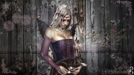 A dark angel with delicate wings and striking features stands against a weathered wooden backdrop, holding a small cat, embodying a hauntingly captivating atmosphere. HD desktop wallpaper.