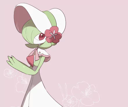 HD PC desktop wallpaper of Gardevoir (Pokémon) from the video game Pokémon UNITE — pastel pink background, elegant pose with a flower accessory.