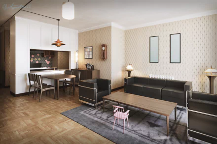 Modern living room interior rendered in 4K Ultra HD, styled as a PC desktop wallpaper background with subtle design elements inspired by Spy x Family anime.