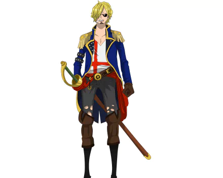 Sanji (One Piece) in a blue naval coat and red sash, holding a cane and cigarette — anime 2K Quad HD PC desktop wallpaper and background.