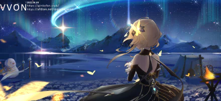 Lumine from Genshin Impact gazes at a glowing night sky over a serene lake, captured in stunning 8K Ultra HD for a vibrant PC desktop wallpaper.