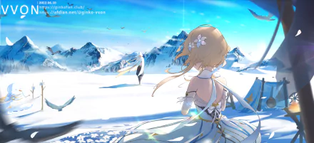 Lumine from Genshin Impact overlooks a snowy mountain landscape under a bright blue sky in this 8K Ultra HD PC desktop wallpaper.