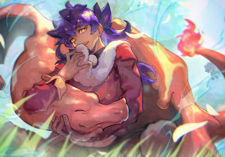 HD desktop wallpaper featuring Leon and Charizard from the video game Pokémon: Sword and Shield in a dynamic, vibrant scene.