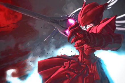 HD anime desktop wallpaper featuring Shalltear Bloodfallen from Overlord, depicted in dynamic red armor wielding a glowing sword against a dramatic, smoky background.
