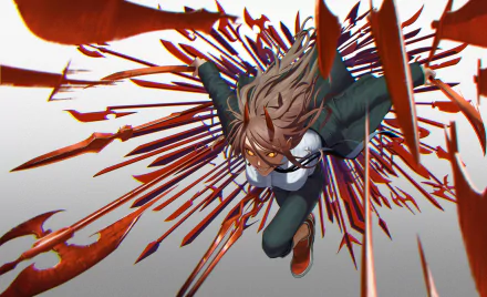 Power from Chainsaw Man in dynamic action pose with blood splatter behind, rendered in stunning 4K Ultra HD anime style as a PC desktop wallpaper.