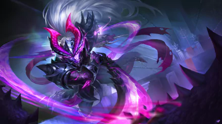 5K Ultra HD PC wallpaper: Honor of Kings video game armored warrior with white hair and glowing purple blades, swirling shadows and energy on a dark battlefield.