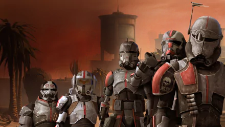 4K Ultra HD desktop wallpaper featuring armored clone troopers from the TV show Star Wars: The Bad Batch against a dusky, desert-like background.
