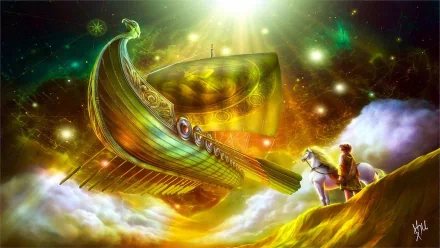 A celestial fantasy scene featuring a glowing golden ship sailing through clouds with a figure and horse watching from a sunlit hill, HD PC desktop wallpaper.