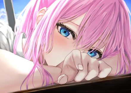 HD anime desktop wallpaper featuring Micchon Shikimori from Shikimori's Not Just a Cutie with striking blue eyes and pink hair in a close-up pose.