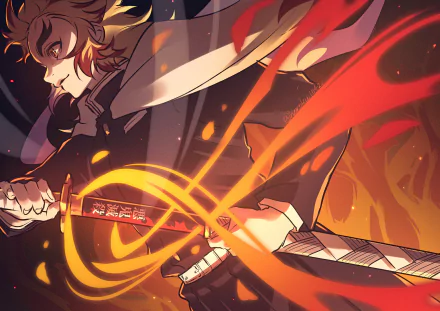 4K Ultra HD PC wallpaper featuring Kyojuro Rengoku from the anime Demon Slayer: Kimetsu no Yaiba, depicted in a dynamic battle pose with fiery effects.