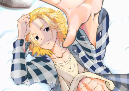 Mikey Manjiro Sano (Tokyo Revengers) reclining with blond hair and open checkered jacket — anime 5K Ultra HD PC desktop wallpaper/background.