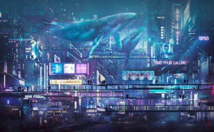 HD PC desktop wallpaper and background of a neon-lit futuristic sci‑fi cityscape with holographic whales overhead, reflective wet streets, elevated walkways, and glowing skyscrapers.