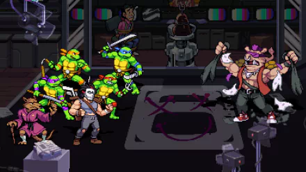 HD wallpaper of Teenage Mutant Ninja Turtles: Shredder's Revenge video game featuring the ninja turtles in combat against enemies in a detailed pixel art style.