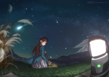 Chizuru Ichinose (Anime, Rent-A-Girlfriend) sits on a grassy hill with a cat beneath a starry sky and shooting star, soft lantern glow in the foreground — 4K Ultra HD PC desktop wallpaper/background.