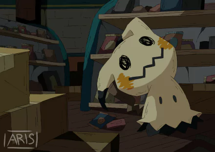 HD PC desktop wallpaper featuring Mimikyu, a Pokémon character, in a dimly lit room surrounded by scattered objects, showcasing detailed video game art.
