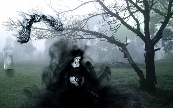 HD gothic wallpaper featuring a dark, mysterious figure shrouded in black smoke, a misty graveyard, twisted trees, and a floating skull with a checkerboard pattern.