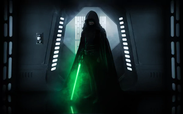 HD desktop wallpaper featuring Luke Skywalker wielding a green lightsaber, set in a dimly lit corridor from The Mandalorian TV show.