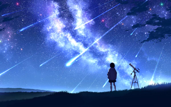 An anime-style 8K Ultra HD desktop wallpaper depicting a night scene with a silhouetted figure and telescope under a vivid starry sky and shooting stars.
