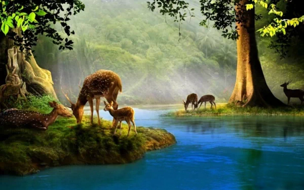 A serene HD wallpaper featuring a mother deer and her fawn by a tranquil blue river, surrounded by lush greenery and other deer in the background.