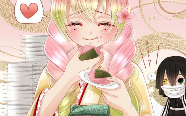 HD PC desktop wallpaper featuring Mitsuri Kanroji from Demon Slayer: Kimetsu no Yaiba enjoying food with a warm, cheerful expression in an anime-style illustration.