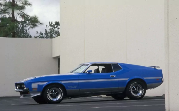 HD PC desktop wallpaper featuring a classic blue Ford Mustang Mach 1 parked against a minimalist urban backdrop.