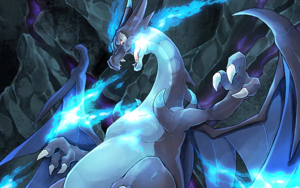 A dynamic HD wallpaper featuring Charizard from Pokémon X and Y, showcasing the dragon-like creature surrounded by electric blue energy against a dark background.