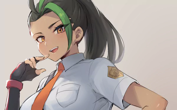 HD PC desktop wallpaper of Nemona, a video game character from Pokémon: Scarlet and Violet — smiling trainer with green-streaked hair, white shirt and orange tie on a neutral background.