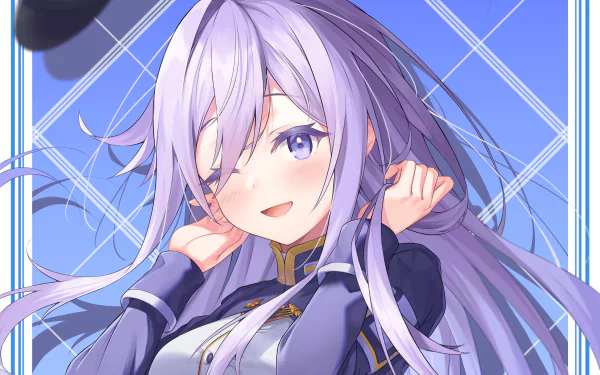 Vladilena Milizé from Eighty Six, anime 2K Quad HD desktop wallpaper: smiling, winking lavender-haired officer in a blue uniform against a geometric sky-blue background.