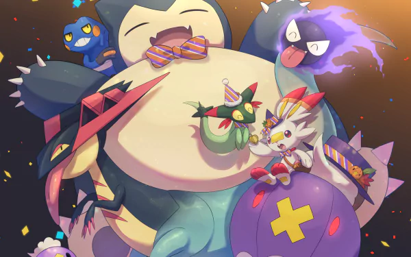 4K Ultra HD PC wallpaper featuring a group of festive Pokémon characters from the video game series enjoying a cheerful celebration together.