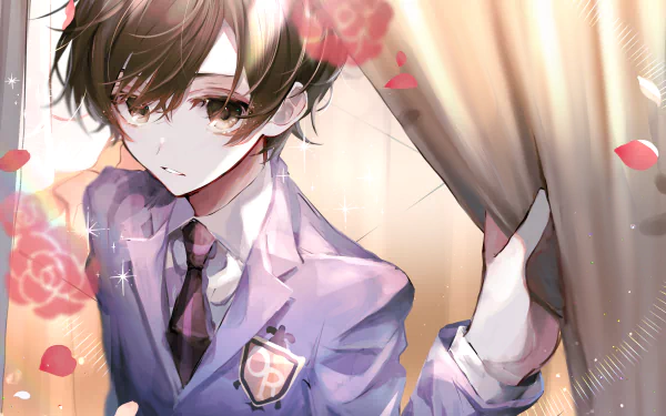 Haruhi Fujioka (Ouran High School Host Club) in host uniform, drawing back a curtain as rose petals fall — 4K Ultra HD PC desktop wallpaper.