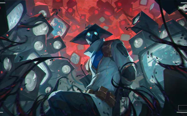 4K Ultra HD Valorant wallpaper featuring Cypher, the iconic video game character, surrounded by floating screens and a dark, red-hued background.