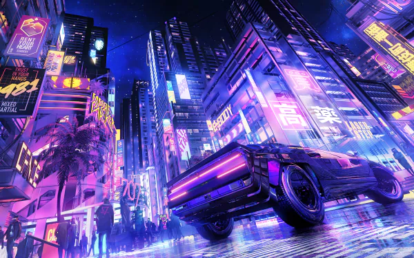 Futuristic cyberpunk cityscape with neon-lit skyscrapers and a sleek car on glossy streets, rendered in vibrant 4K Ultra HD for a striking sci-fi PC desktop wallpaper.