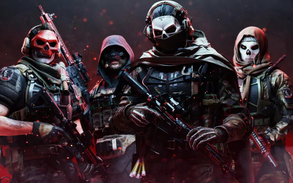 HD PC desktop wallpaper featuring four heavily armed soldiers in tactical gear and skull masks from the video game Call of Duty: Modern Warfare II.