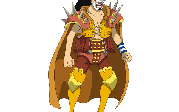 Usopp (One Piece) anime character in spiked armor and cape, standing in a bold pose on a white background — 2K Quad HD PC desktop wallpaper.