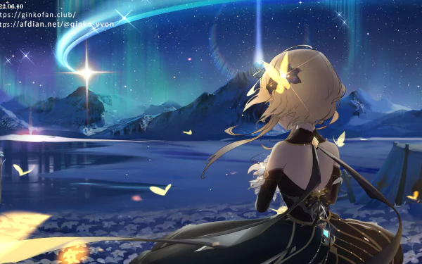 Lumine from Genshin Impact gazes at a glowing night sky over a serene lake, captured in stunning 8K Ultra HD for a vibrant PC desktop wallpaper.