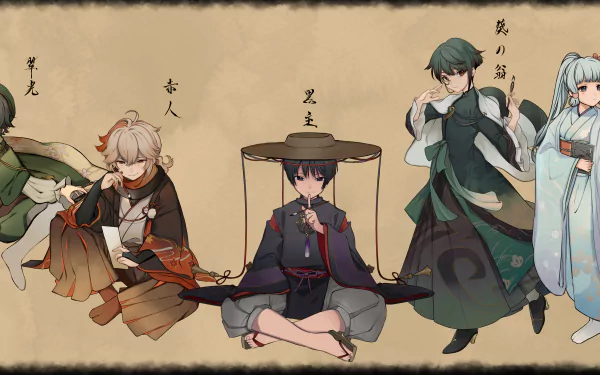 4K Ultra HD Genshin Impact wallpaper featuring Kamisato Ayaka, Xingqiu, Scaramouche, Kaedehara Kazuha, and Venti in traditional-style attire.