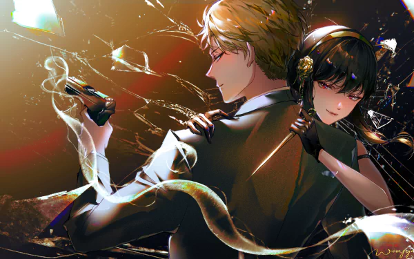 HD PC desktop wallpaper featuring Yor Forger and Loid Forger from the anime Spy x Family, showcasing a dramatic and stylish spy-themed scene.