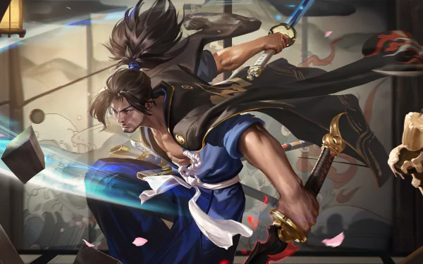 Video game Honor of Kings 8K Ultra HD PC desktop wallpaper: dynamic samurai in blue and black lunging with a glowing sword amid flying petals and shattered stone fragments.