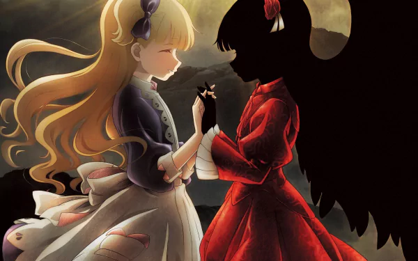 HD anime desktop wallpaper featuring Kate and Emilico from Shadows House, with contrasting light and shadow figures holding hands against a dramatic backdrop.